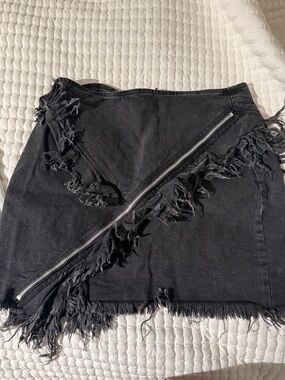 Signature8 Black Frayed Denim Mini Skirt with Diagonal Silver Zip